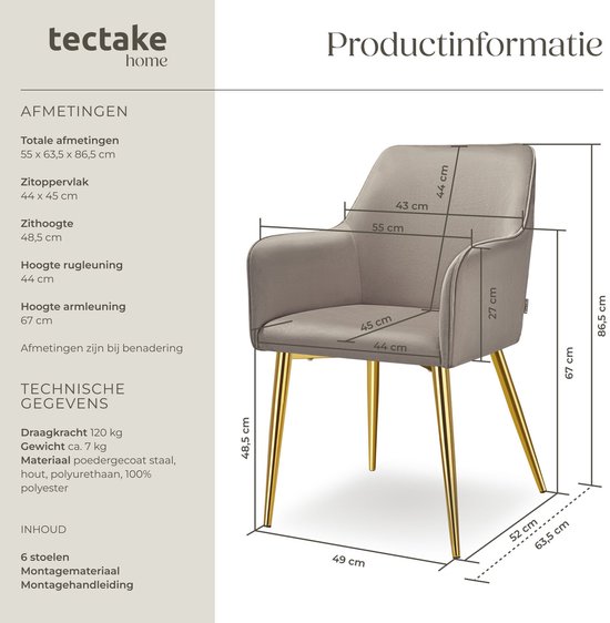 Afmetingen en technische gegevens van een taupe fluwelen eetkamerstoel met gouden poten.