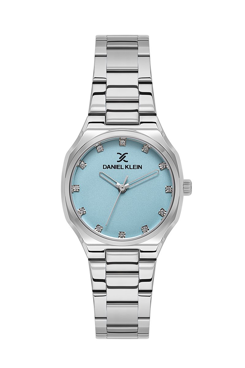 Daniel Klein DK.1.13916-2 - Horloge - Polshorloge - Analoog - Dames - Vrouwen- Rond- Stalen band - Metaal - Vierkantjes - Bolletjes - Briljant - Zilverkleurig - Lichtblauw - Zwart