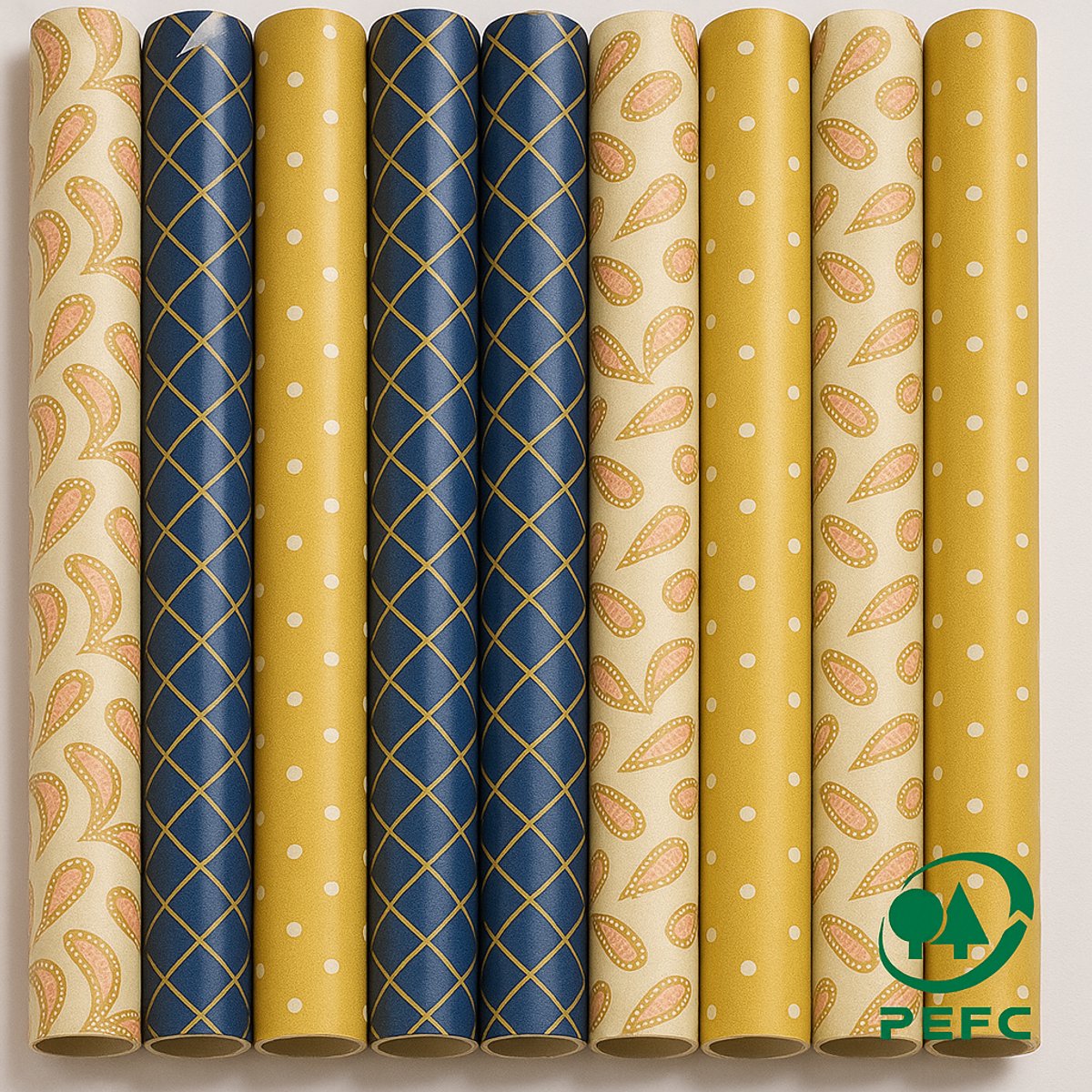 Luxe inpakpapier Premium Chique - 12 rollen - Goud, roze en Blauw - Duurzaam - PEFC gecertificeerd - Cadeaupapier - 200x70cm - Kadopapier