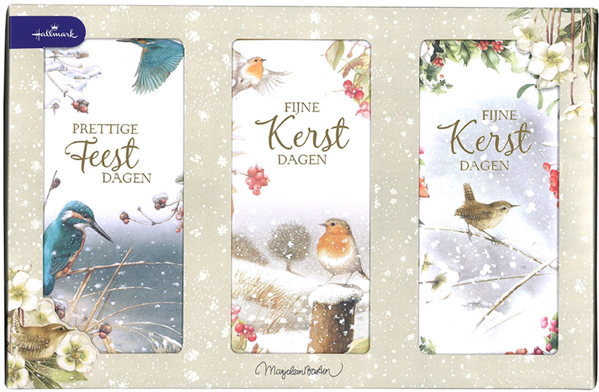 Hallmark - Marjolein Bastin - 30 Kerstkaarten - 3 luik - Vogels - Winterkoninkje - IJsvogel - Roodborstje - Goudfolie - Kerst - Nieuwjaar - 9 x 18.5 cm