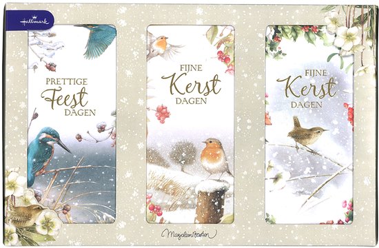 Set van 3 kaarten in een doos. Links een kaart met IJsvogels. Midden een kaart met een roodborstje. Rechts een kaart met een winterkoninkje.
