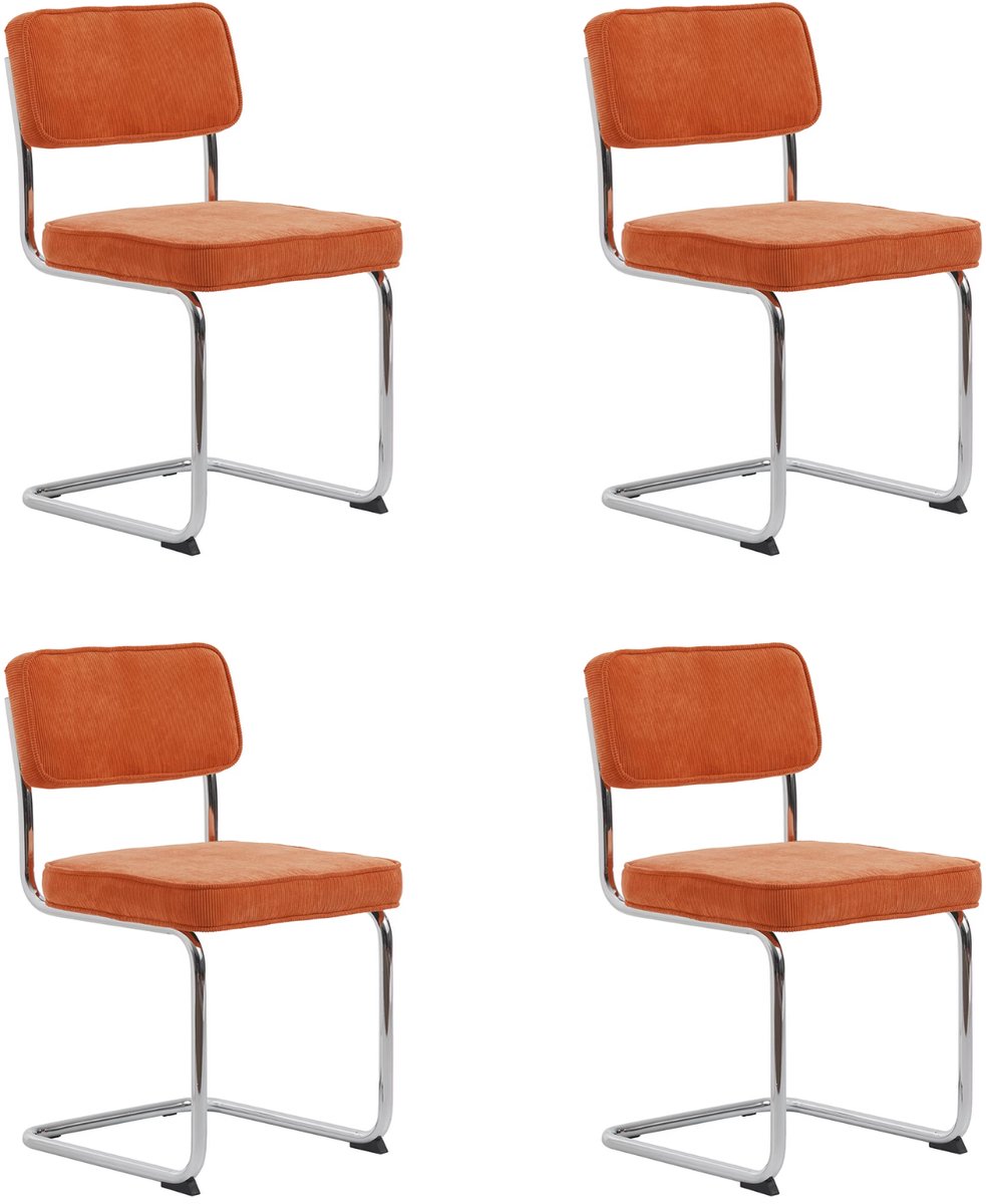 LevaLeva Rupert eetkamerstoel set van 4 - rib stof - oranje - buisframe - chroom