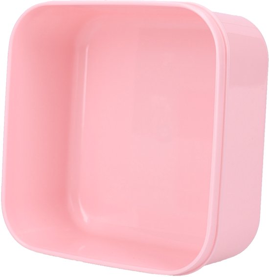 Roze vierkante lunchbox, gemaakt van kunststof, met afgeronde hoeken.