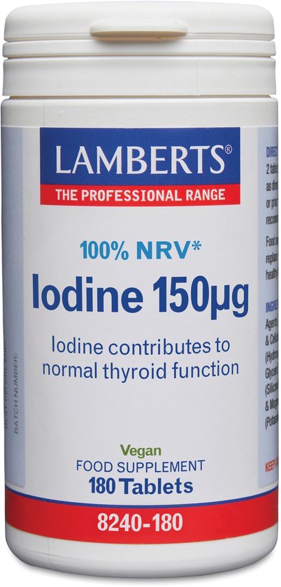 Witte pot met blauw en rood etiket. Lamberts Iodine 150μg, voedingssupplement, 180 tabletten. Jodium draagt bij aan een normale schildklierfunctie.