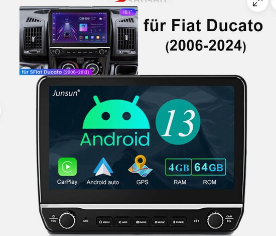 Autoradio - 10 inch Android 13 GPS-navigatie, compatibel met CarPlay en Android Auto, 4+64 GB + AHD-camera - Geschikt voor Fiat Ducato (modeljaren 2006-2023)