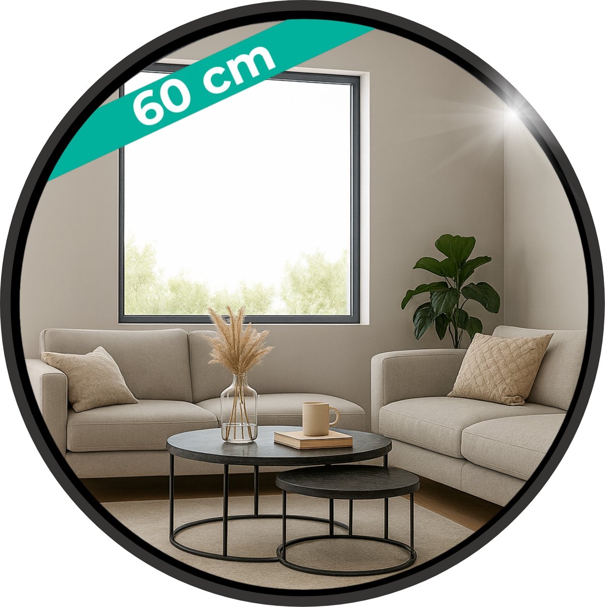 HSXL - Spiegels - Ronde Spiegel Zwart - 60 cm Groot - Grote Wandspiegel Rond - Industrieel / Modern Design - Badkamer - Slaapkamer - Woonkamer - Toilet