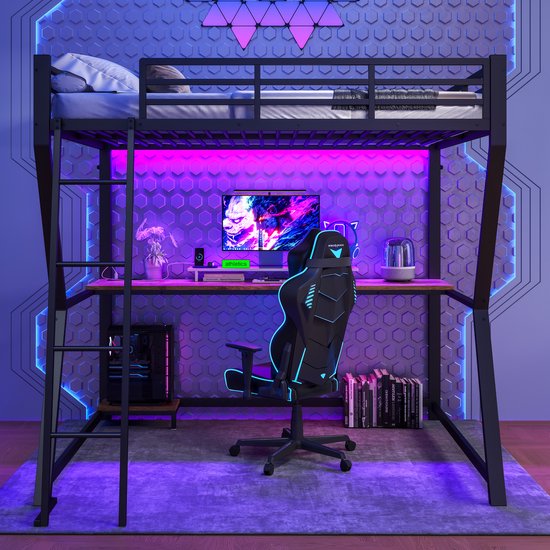 Lit mezzanine 140x200cm - avec éclairage LED- support console ordinateur - bureau - connexion USB - sans matelas - noir