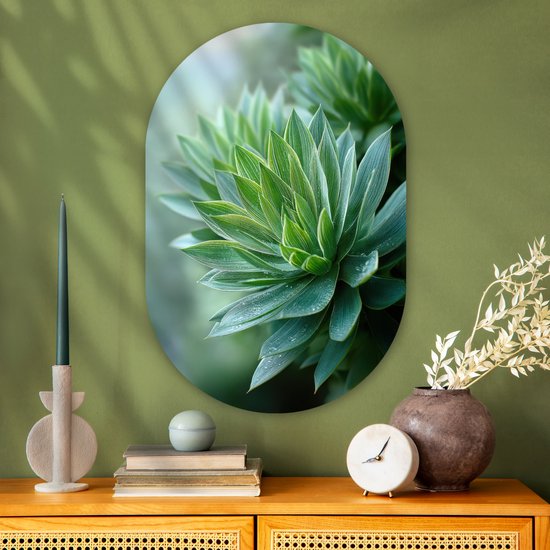 Muurovaal 60x90 cm - Ovale wanddecoratie Blad - Plant - Groen - Textuur - Ovalen schilderij - Muurdecoratie woonkamer - Kamer decoratie - Schilderijen - Wandcirkel