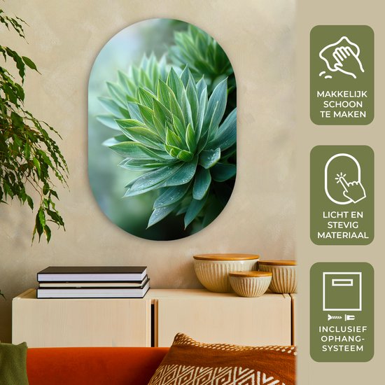 Muurovaal 60x90 cm - Ovale wanddecoratie Blad - Plant - Groen - Textuur - Ovalen schilderij - Muurdecoratie woonkamer - Kamer decoratie - Schilderijen - Wandcirkel