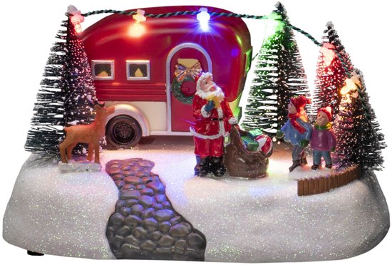 Konstsmide Kerstdorp kerst tafereel - kerstman met caravan - 18,5 cm - met led verlichting - kerstdorpje beeldje - kerstbeeld