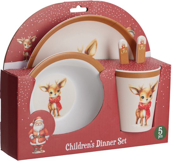 Kerst servies setje - 5-delig - met rendier - voor kinderen - ontbijtset - kerstdiner - bordje, beker, kom, mes, vork