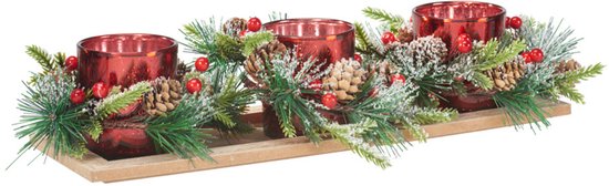 Kerststukje theelichthouder - rood - 38 x 12 x 1.5 cm - tafel ornament - tafeldecoratie kerst - kerstversiering