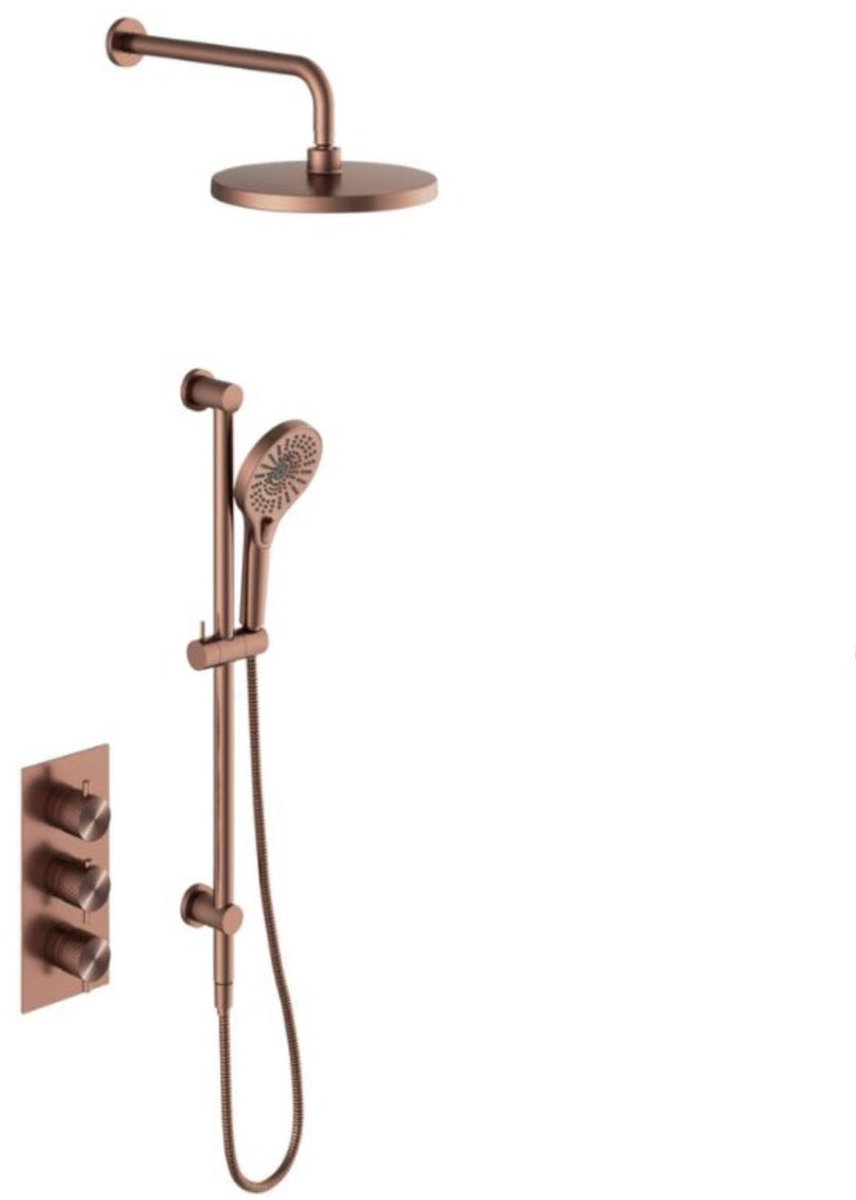 Owen & Finch Messing Doucheset – Geborsteld Satijn Brons (PVD) | Thermostaatkraan met Diamantkarteling, Handdouche & Regendouche Ø250mm