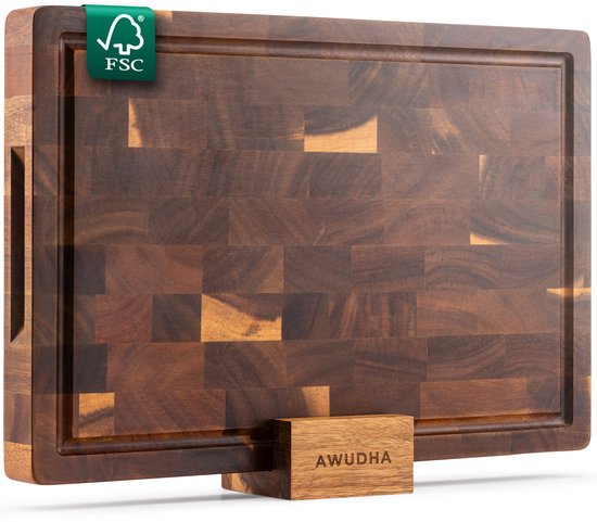 Awudha - Snijplank Set met Houder van Acacia Hout - Olie Finish - Met Sapgeul, Anti-Slip Handvaten - Ideaal als Borrelplank, Hakblok en Snijplank voor de Keuken