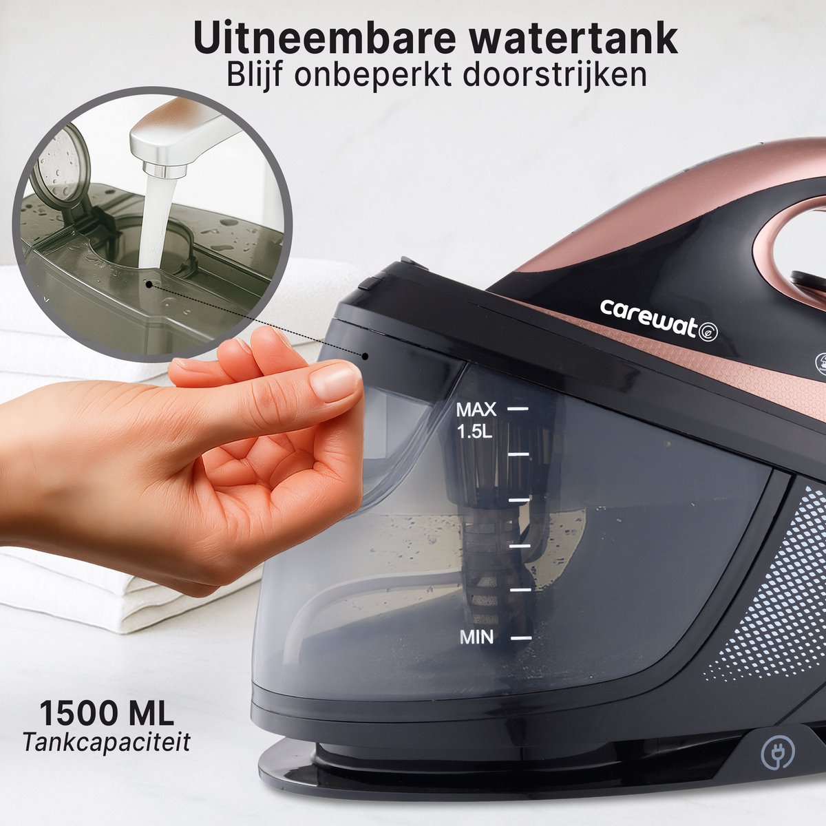 Carewat Stoomstrijkijzer met Stoomgenerator - Goud - 2200W - 1.5L Uitneembare Watertank - 100 g/min Stoomproductie - Keramische Zoolplaat - 3.0 Bar Stoomdruk - Anti-Oververhitting - Geschikt voor alle stoffen — afbeelding 4