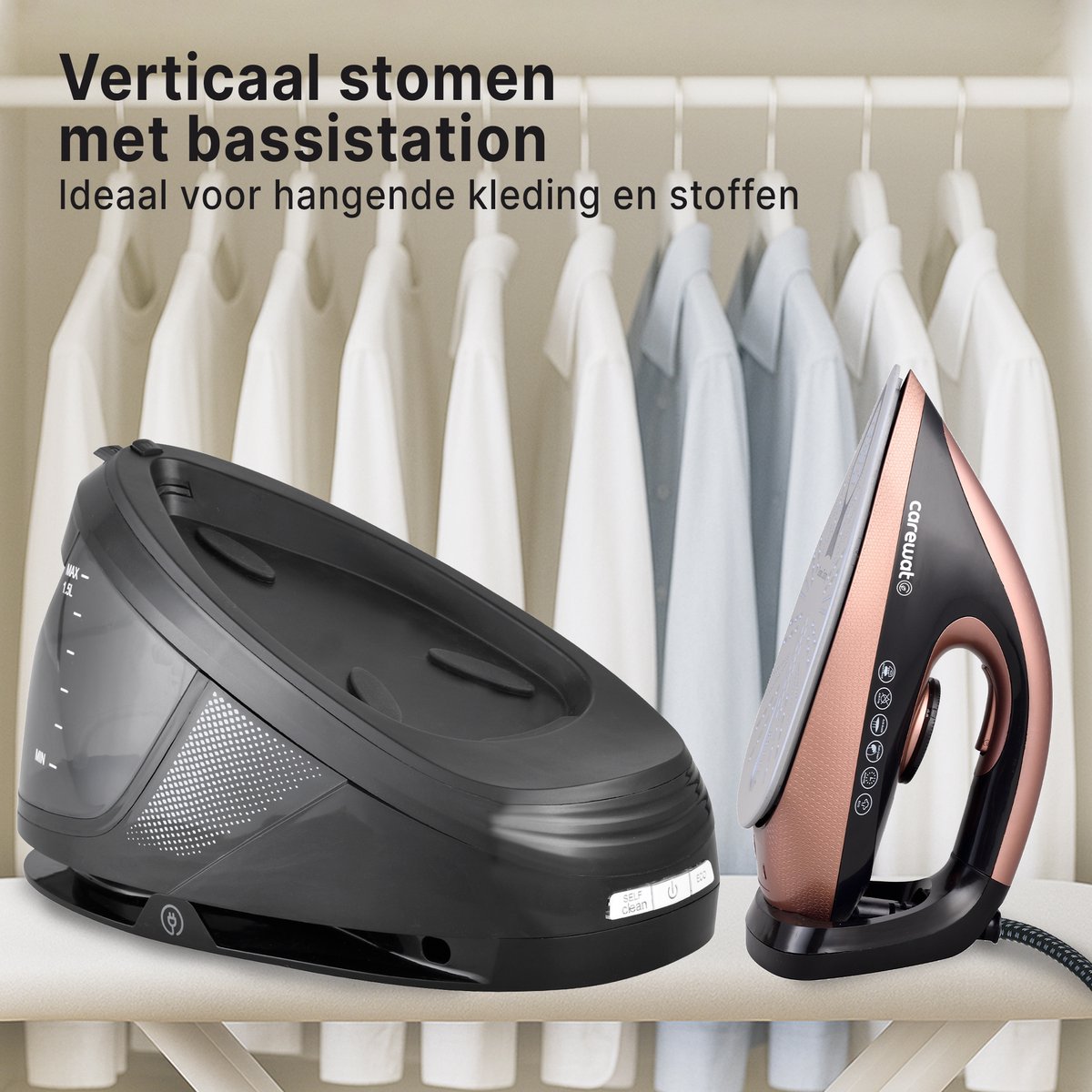 Carewat Stoomstrijkijzer met Stoomgenerator - Goud - 2200W - 1.5L Uitneembare Watertank - 100 g/min Stoomproductie - Keramische Zoolplaat - 3.0 Bar Stoomdruk - Anti-Oververhitting - Geschikt voor alle stoffen — afbeelding 3