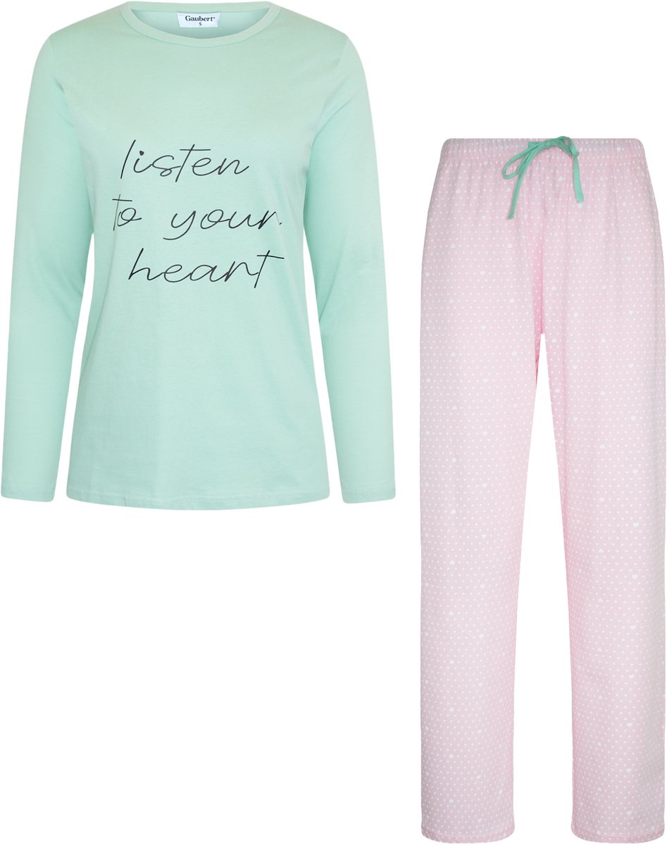 Gaubert Essential Dames Pyjama Lange Mouw - Broek met Zakken - Premium Gekamd Katoen - Listen to your Heart - Mintgroen - Maat L - GB-2802