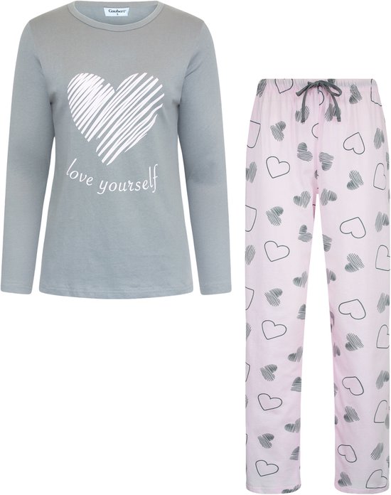 Gaubert Essential Dames Pyjama Lange Mouw - Broek met Zakken - Premium Gekamd Katoen - Love Yourself - Grijs - Maat XL - GB-2801