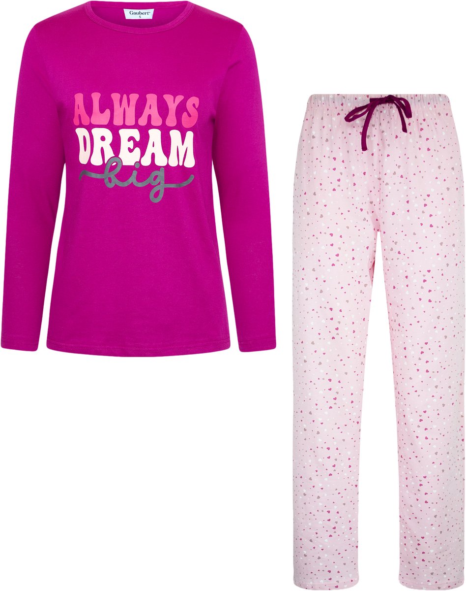 GAUBERT ® Essential Dames Pyjama Lange Mouw - Broek met Zakken - Premium Gekamd Katoen - Always Dream Big - Fuchsia - GB-2803 Lange Mouw Pyjama, Fuchsia, Always Dream Big