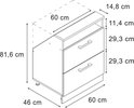 Technische tekening van een donkergrijze kast met betonnen look, met afmetingen.