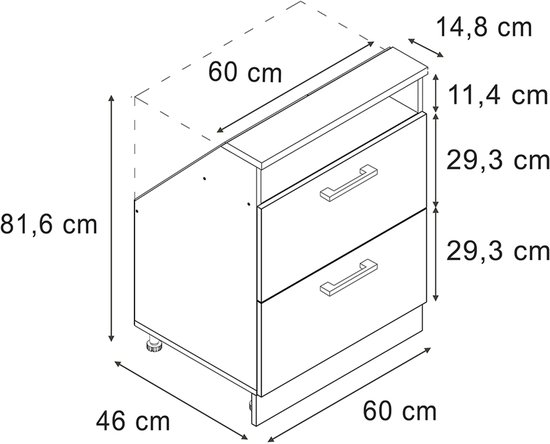 Technische tekening van een donkergrijze kast met betonnen look, met afmetingen.