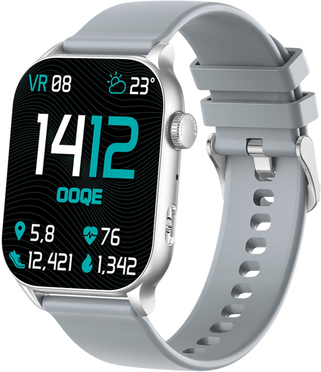 OOQE WATCH PRO 8 - Smartwatch Heren en Dames | Geschikt voor iOS en Android | AMOLED | Notificaties | Gezondheidsanalyse | Sportanalyse | GPS Koppeling | Bellen | Muziek/Audio Luisteren | Ergonomisch | Nederlandstalig | Grijs