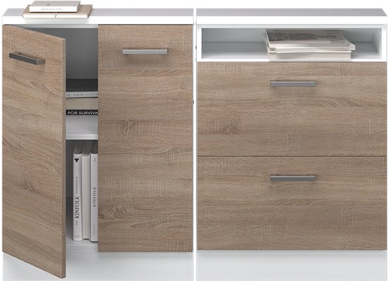 Open kast met houten fronten, witte zijden, twee deuren en drie laden met boeken en tijdschriften.