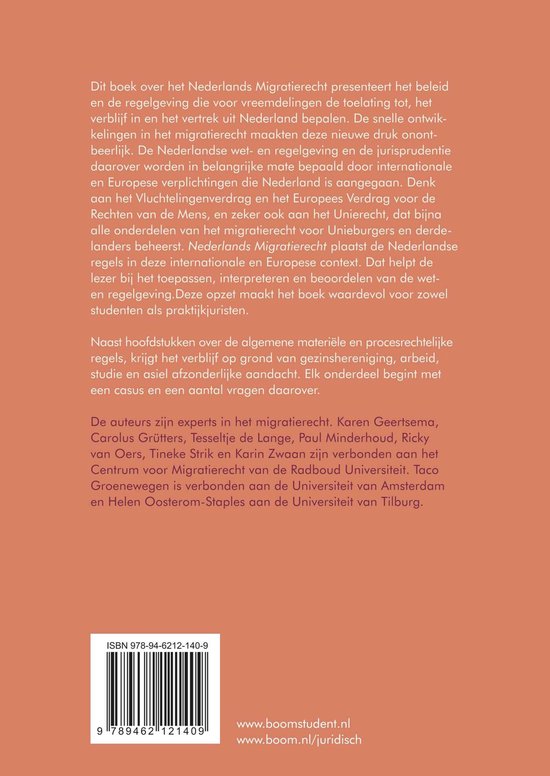 Achterkant van het boek "Nederlands Migratierecht" met ISBN, barcode en auteursinformatie.
