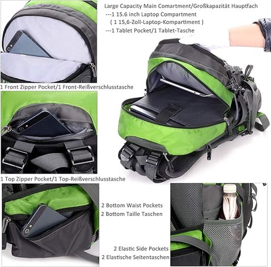 Zwarte rugzak met groene binnenkant en vakken, inclusief laptop- en tabletcompartiment, en zijvakken.
