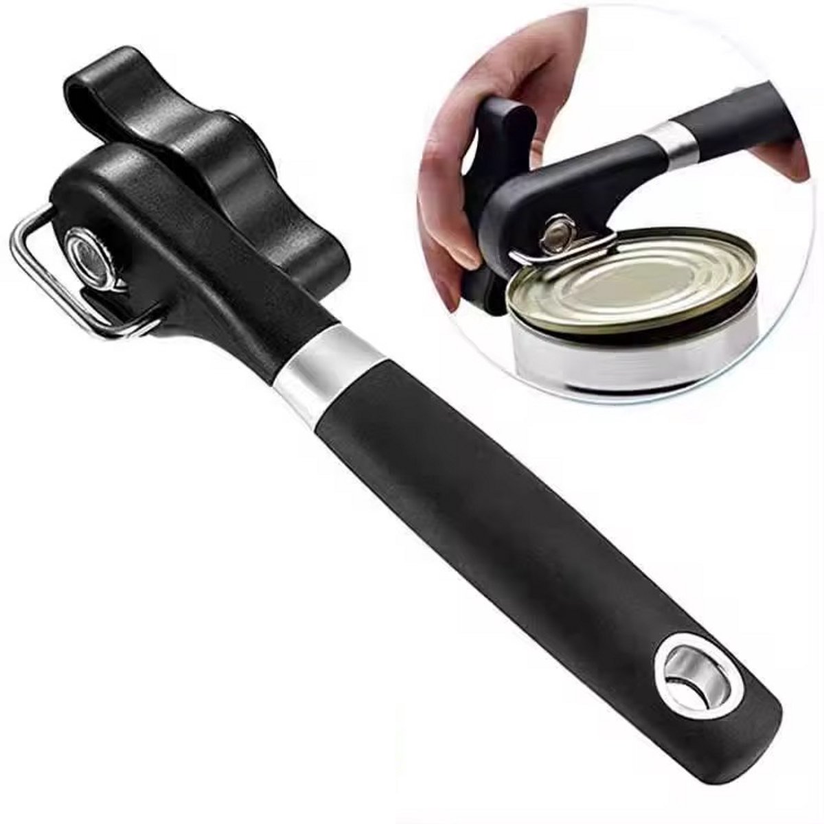 Blikopener Handmatige Blik Opener - Opent blikken zonder scherpe randen - Hersluitbaar - RVS - Silicone - Zwart