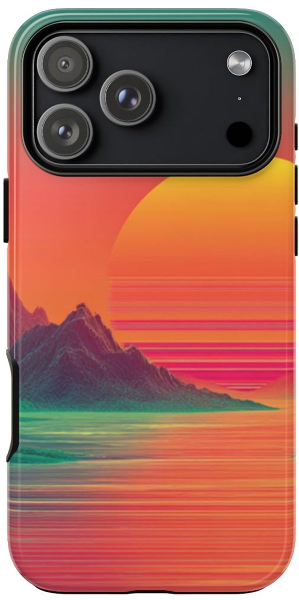 Neon Zonsondergang met Bergen en Zee – Telefoonhoesje Geschikt voor iPhone 17 Pro Max