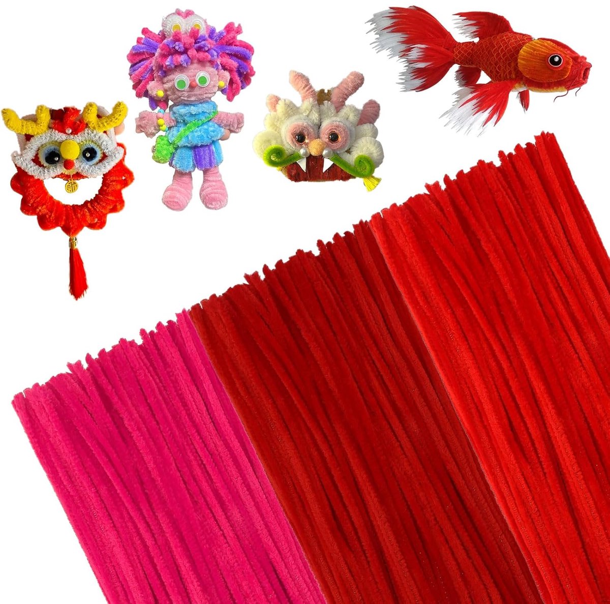 300 stuks pijpenragers, 3 verschillende rode pijpenragers, buigpluche, knutseldraad, 30 cm, pijpenrager, chenilledraad, pijpendraad voor creatieve doe-het-zelfprojecten en knutseldecoratie