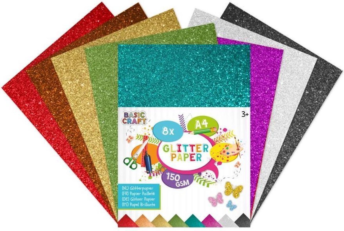 Set van 8 vellen gekleurd glitter papier / speciaal knutselpapier (glitterpapier glans) met glitters metallic A4-formaat (creatief knutselen kaarten verjaardag, uitnodigingen, surprises, 8 kleuren!), schoencadeau Sint / Kerstmis