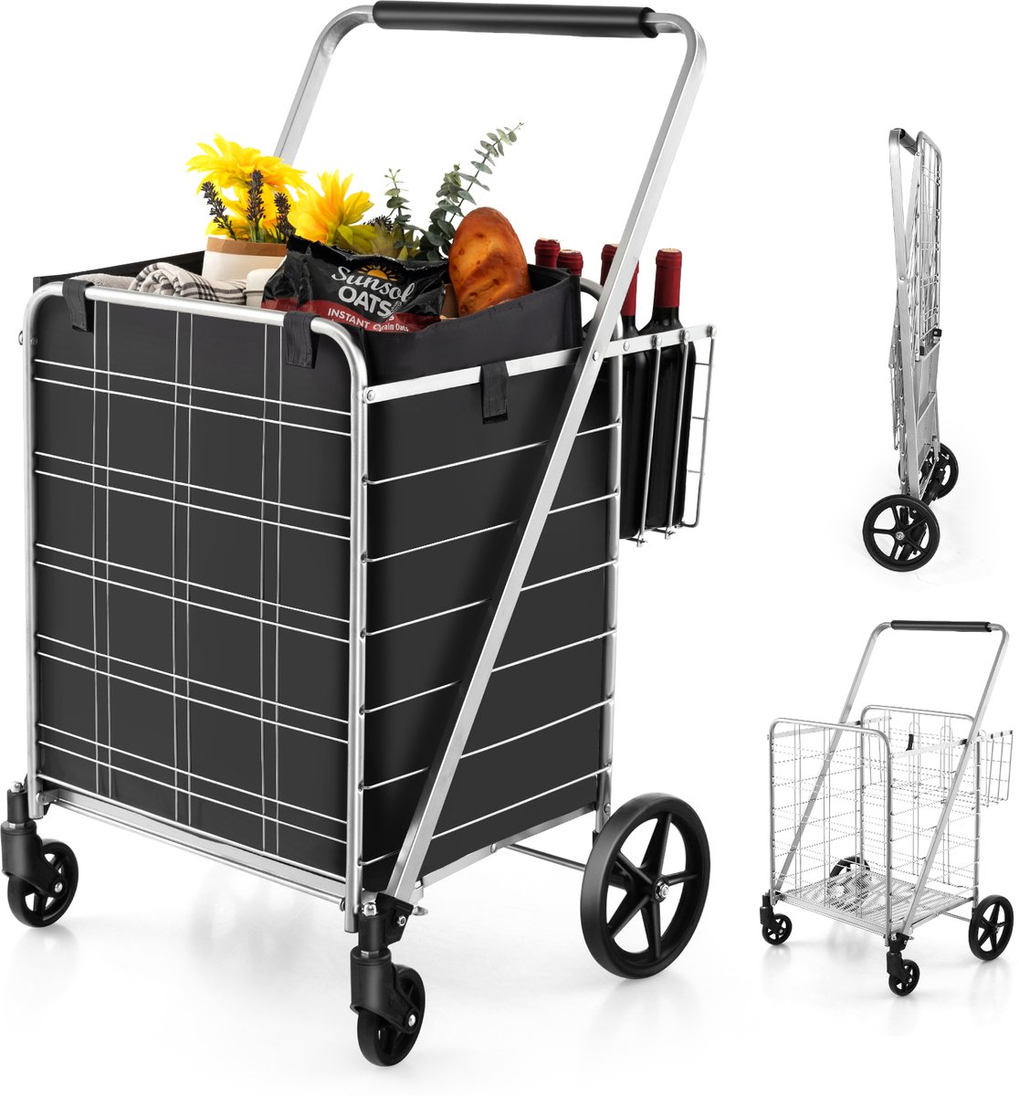 COSTWAY Boodschappentrolley, inklapbaar, winkelwagen op wieltjes, met afneembare Oxford-tas en 2 manden, handwagen, 150 kg belastbaar, multifunctionele trolley voor was, winkelen, bagage (zilver)