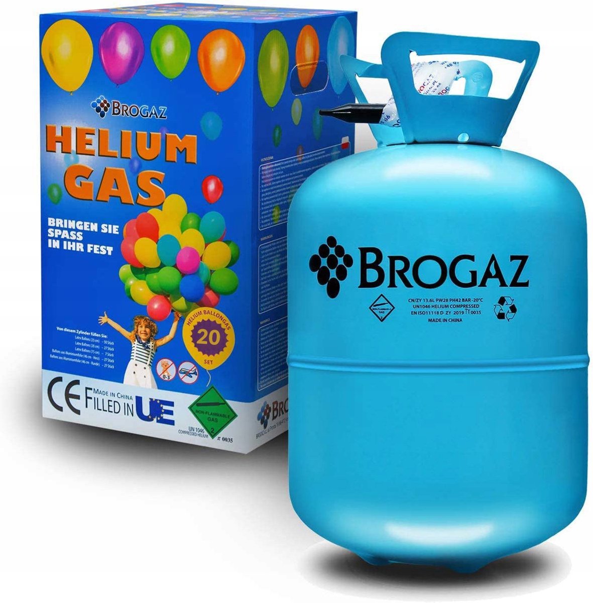 Brogaz – HeliumTank voor Ballonnen – max 20 LatexBallonnen van 23cm – Heliumtank – Geschikt voor latex en Folieballonnen