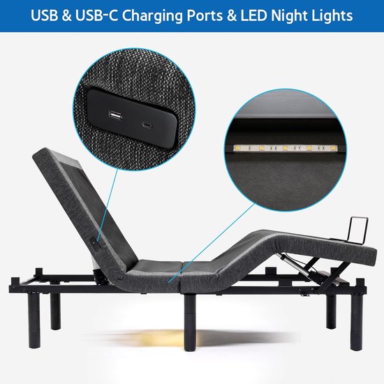 tectake® Elektrisch bedframe met twee sterke en stille motoren, verstelbare rugleuning en voetensteun, afstandsbediening, robuuste stalen constructie, in hoogte verstelbare poten, 90 x 200 cm