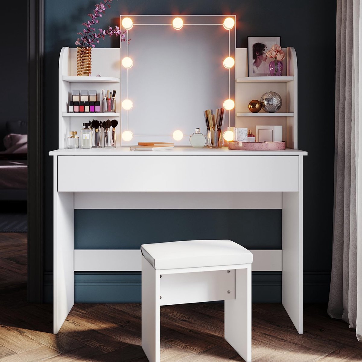 Make-uptafel met Verlichting en Kruk - Moderne Kaptafel met LED Spiegel