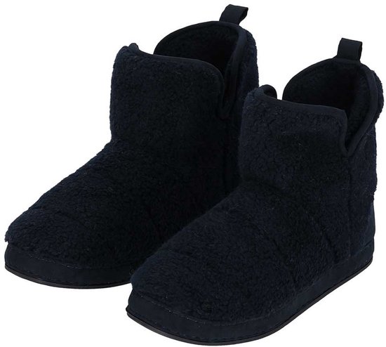 Donkerblauwe teddy sloffen, hoog model, met lus aan achterkant.