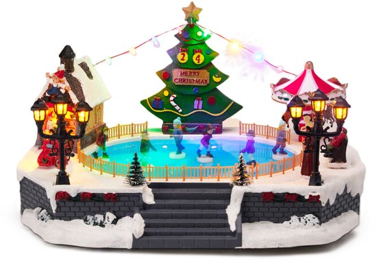 Kerstdorp kerst tafereel - schaatsbaan - met led verlichting - 57 cm - schaatsende kinderen - winter