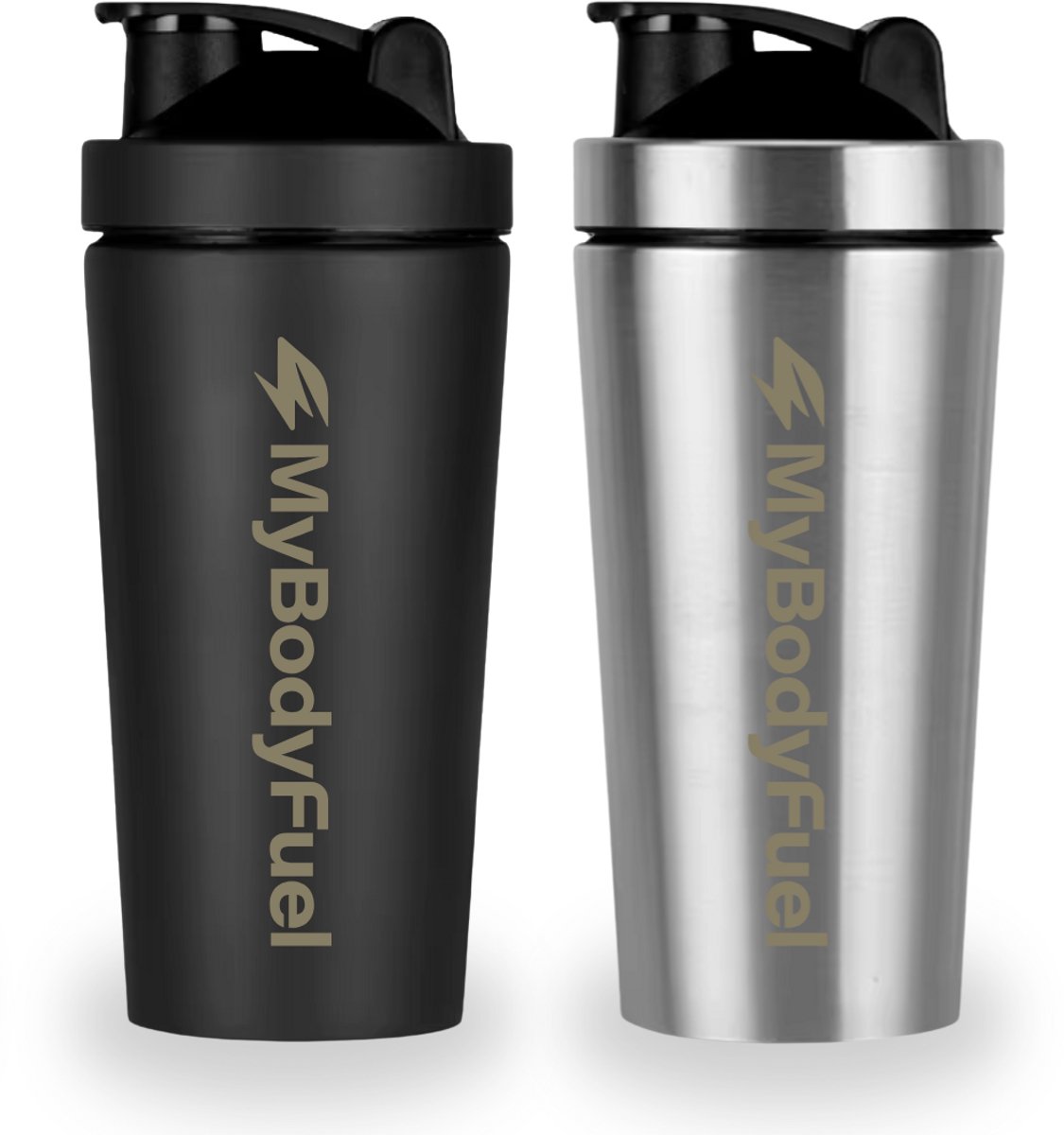 MyBodyFuel - RVS Shakebeker - 750 ml - met mixballetje & Mixfilter - Zwart en Zilver - Set van 2 - Shaker - BPA-vrij
