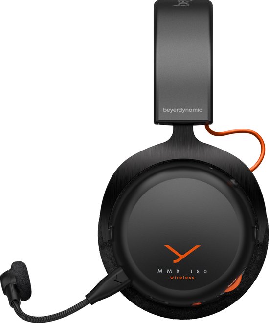 Zwarte Beyerdynamic MMX 150 headset met oranje accenten en afneembare microfoon.