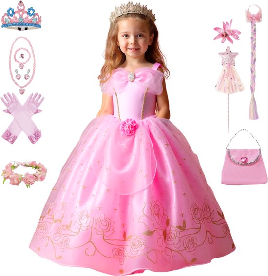 Joya Kids® Luxe Prinsessenjurk Lichtroze voor kinderen | Jurk met Glans & Tule | 11-delige Verkleedset met Accessoires | Verkleedjurk Meisje Tule Rok | Halloween kostuum | Carnaval kleding | Prinses kostuum Jurk | Maat 140