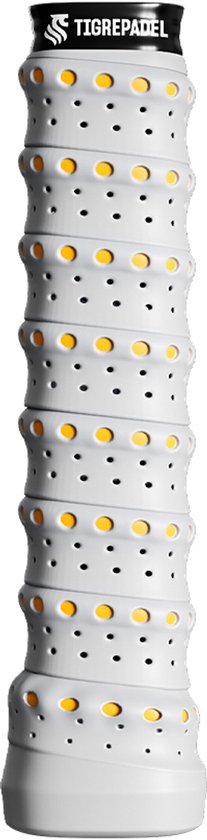 Wit padel grip met oranje cirkels en een golvend patroon.