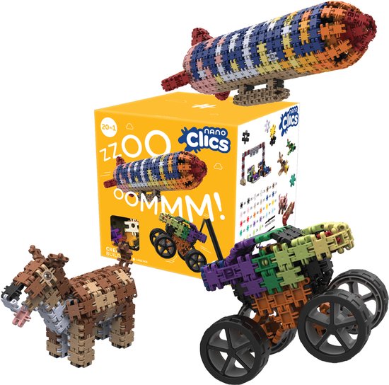 La boîte Nano Clics avec une fusée multicolore, un véhicule à roues et un cheval. Fabriqué en plastique recyclé.