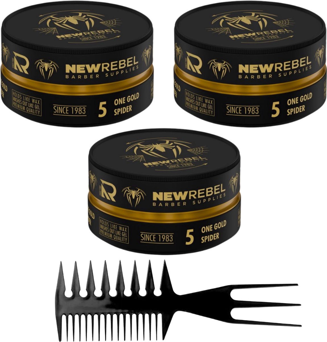 NEW REBEL 05 One Gold Spider Hair Wax – 3x150ml + Styling Kam – Premium Haarstyling voor Mannen - Haar Wax Mannen
