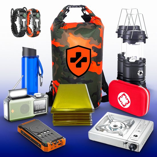 Grote noodpakket met camouflage tas, gasfornuis, radio, zaklamp, waterfles, powerbank en survival armbanden.