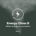 Grafische weergave van 'Energy Class B' met een bliksemschichtsymbool en pijlen.