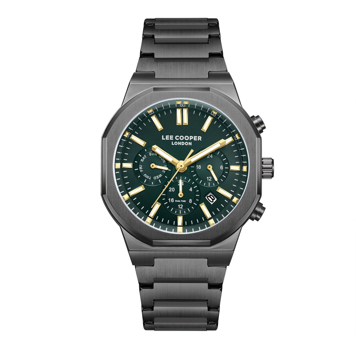 Lee Cooper LC08263.070 - Horloge - Polshorloge - Analoog - Heren - Mannen - Stalen band - Metaal - Achthoek - Rond - Strepen - Cijfers - Dagaanduiding - Datumaanduiding - Dual time - 12-24 - Gun - Goudkleurig - Donkergroen - Wit - Zwart