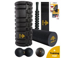 Rising Up Foamroller Pro Set 6 delig – Grid & Gladde Foamroller, Peanut Roller, Massagebal, Kuitroller, Weerstandsband + Rugzak & Gratis Trainingsapp + E-books