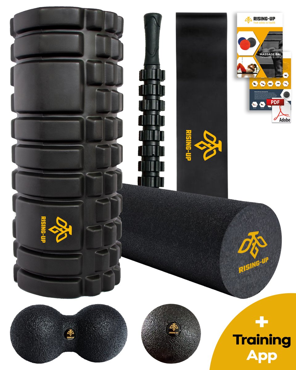 Rising Up Foamroller Pro Set met grid- en gladde roller, peanut, massagebal en kuitroller